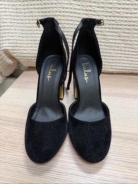 Lulu's Black Velvet Ankle-Strap High Heels with Gold Accent